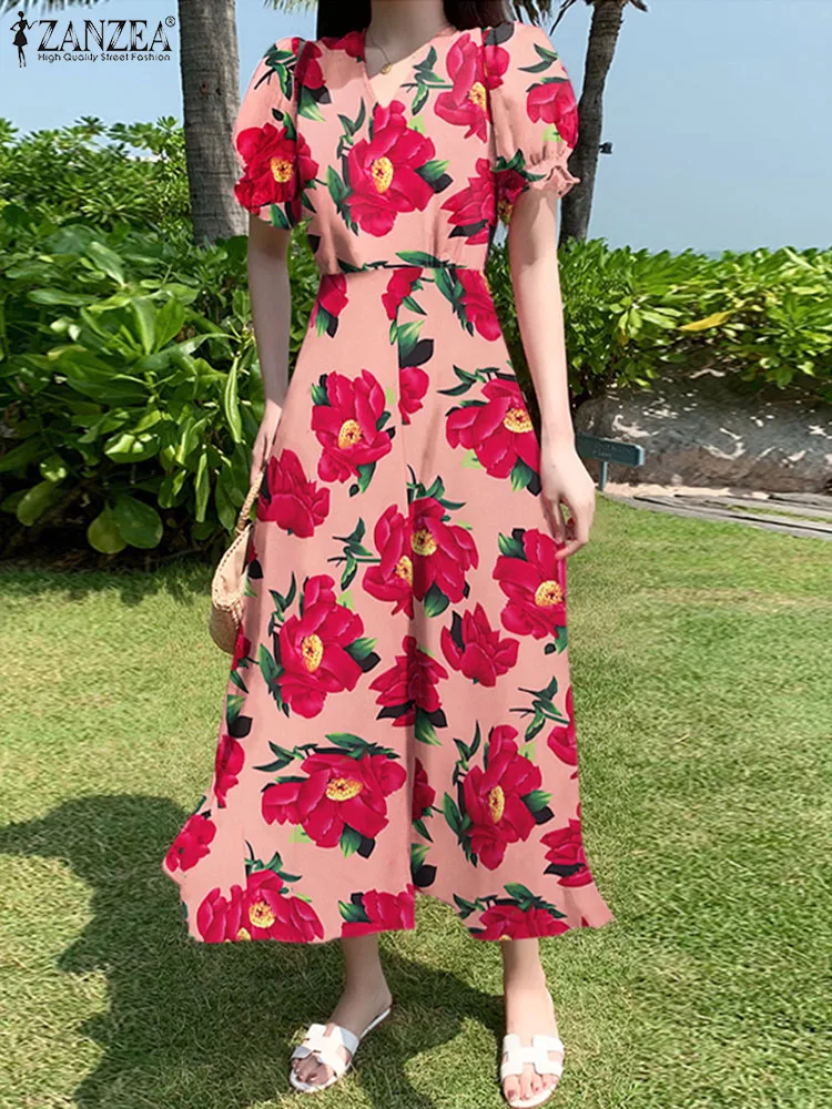 

Женское летнее пляжное платье ZANZEA, модное платье миди с цветочным принтом, праздничное платье в Корейском стиле, элегантное платье с пышными рукавами и V-образным вырезом