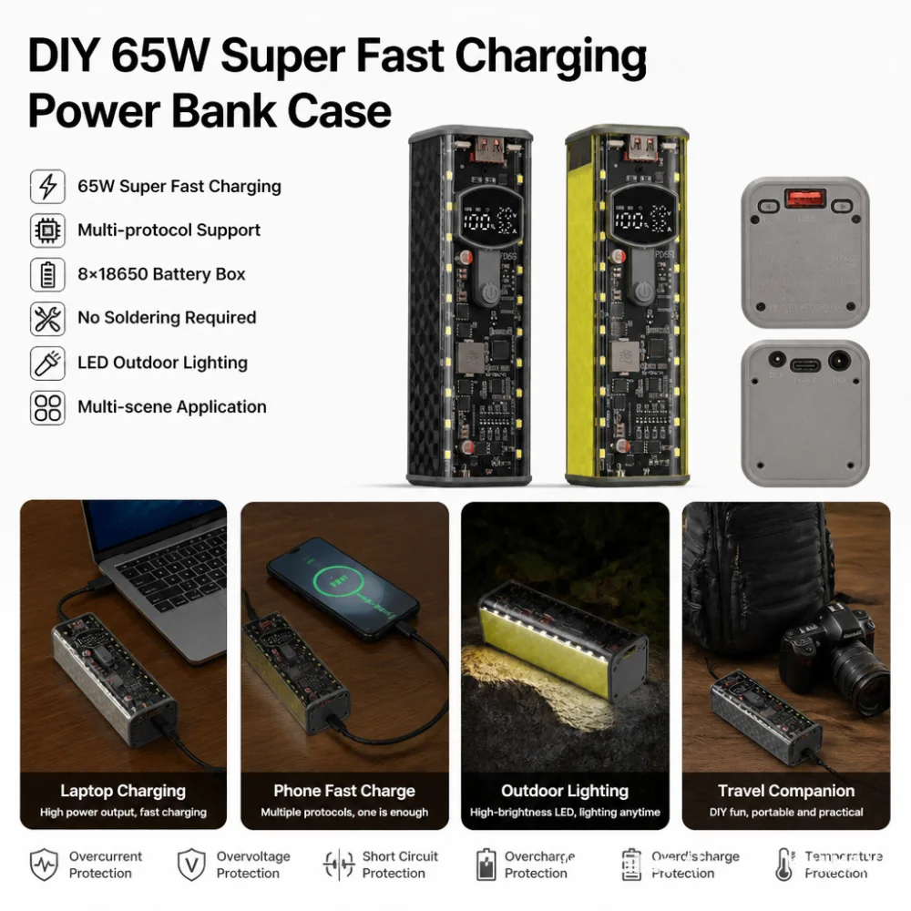Modulo Power Bank PD 65W/45W/20W per Ricarica Super Veloce con Cavo di Ricarica Integrato, Scatola Batteria Fai-da-te per Pacco da 8 Celle