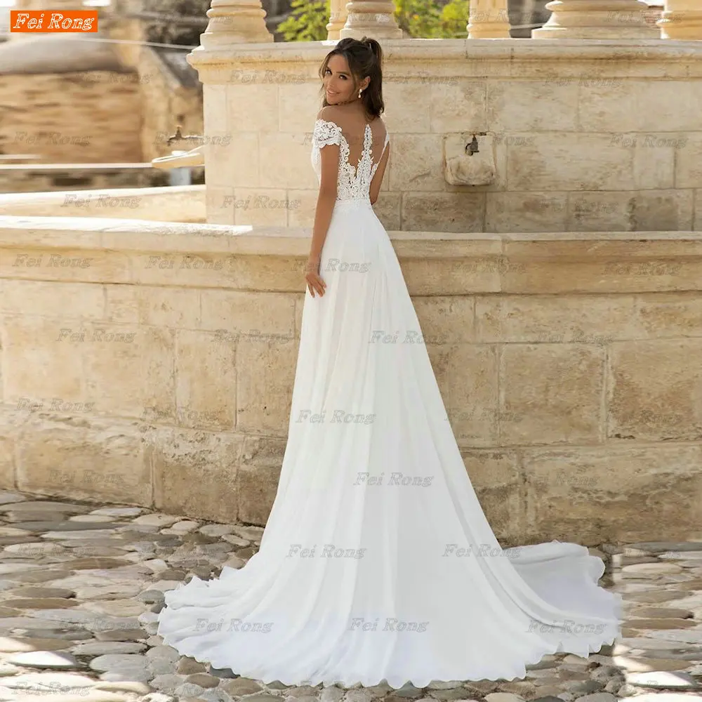 2021 New Designs Top Quality V-Neck Off-The Shoulder Boho Beach Wedding Dress Front High Split Chiffon A-Line Bridal Gown Robe 4