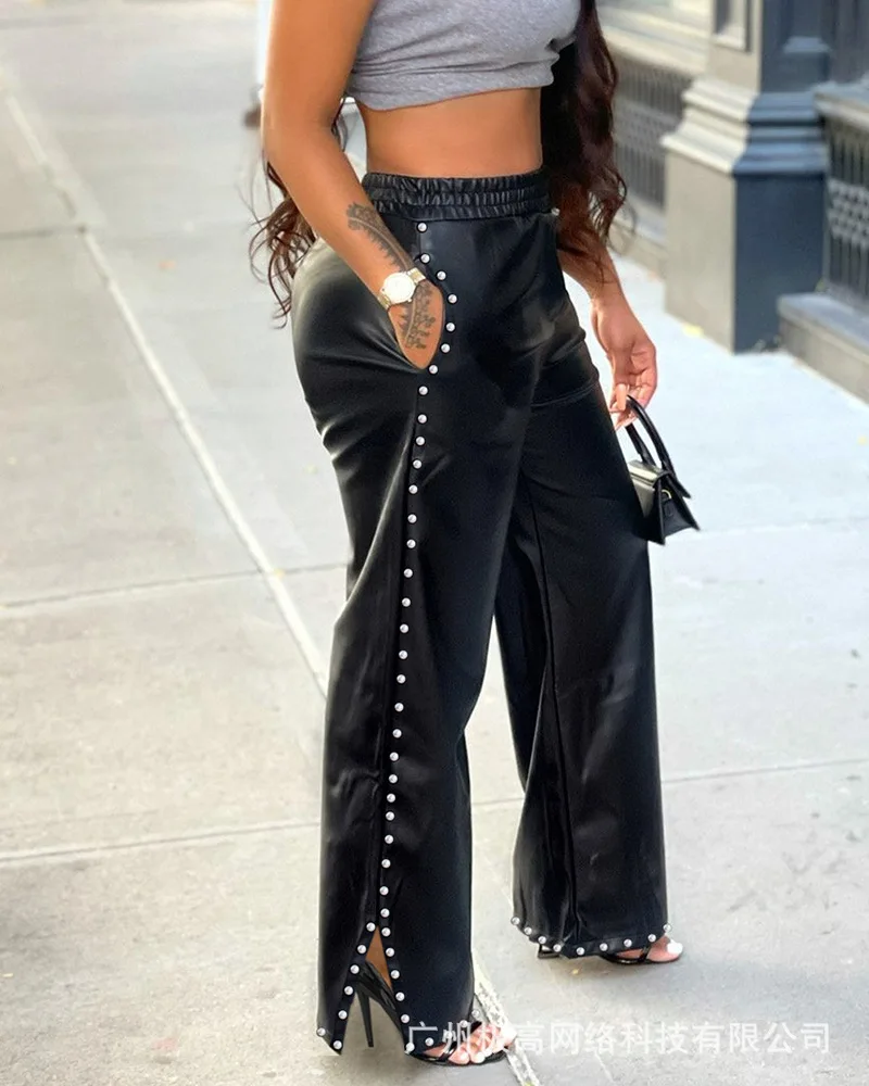 

Women Pants Long Fashion With Solid Color Loose Wide Leg Pocket Stitching Rivet Black Leather Pants Spring And Summer