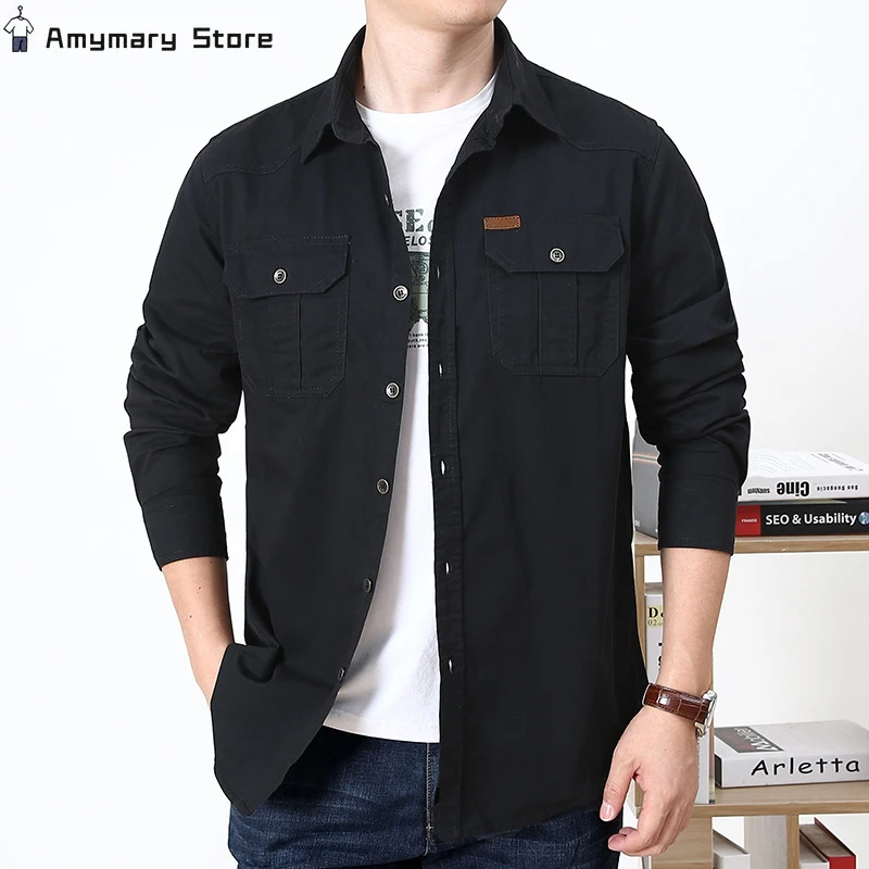 Men's Long Sleeve Shirt Casual Loose Single-breasted Pocket Office Commuter Tooling Tops Solid Color Military Tactical T-shirt