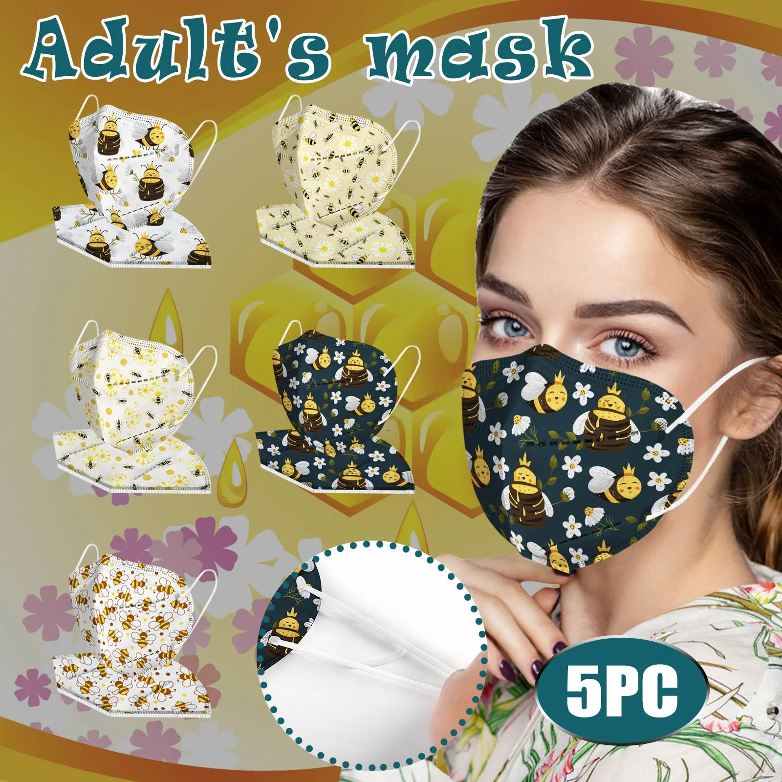 Adult's Disposable Unisex Bee Printed Outdoor Prevention Fish Mask Face Outdoor Dust-Proof Face Protective Mask