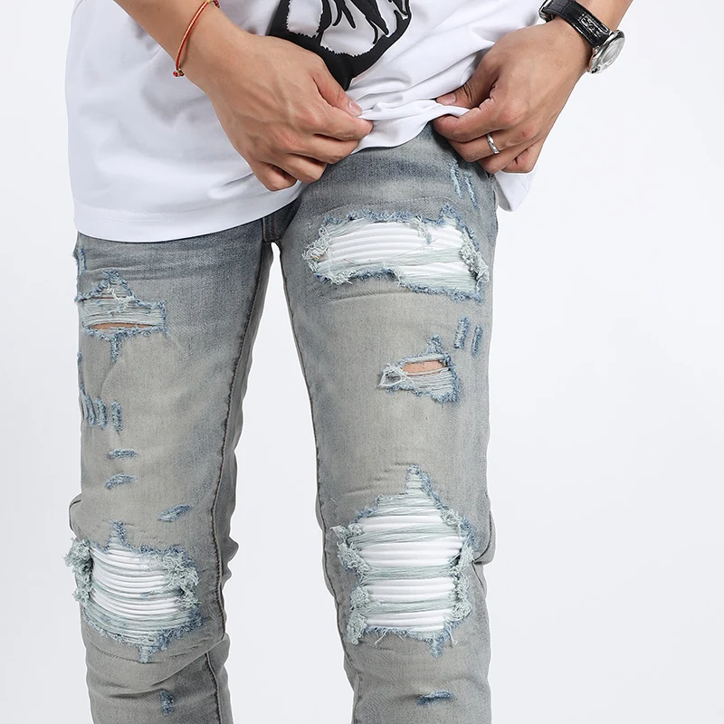 Street Fashion Men Jeans Retro Washed Light Blue Stretch Skinny Ripped Jeans Men Leather Patched Designer Hip Hop Brand Pants