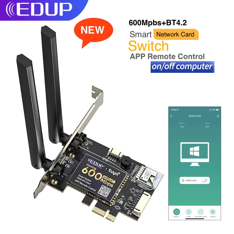 

EDUP Wireless Network Card Computer Power Reset Switch Bluetooth4.2 WiFi Adapter APP Remote Control PC On or Off PCIe LAN Card
