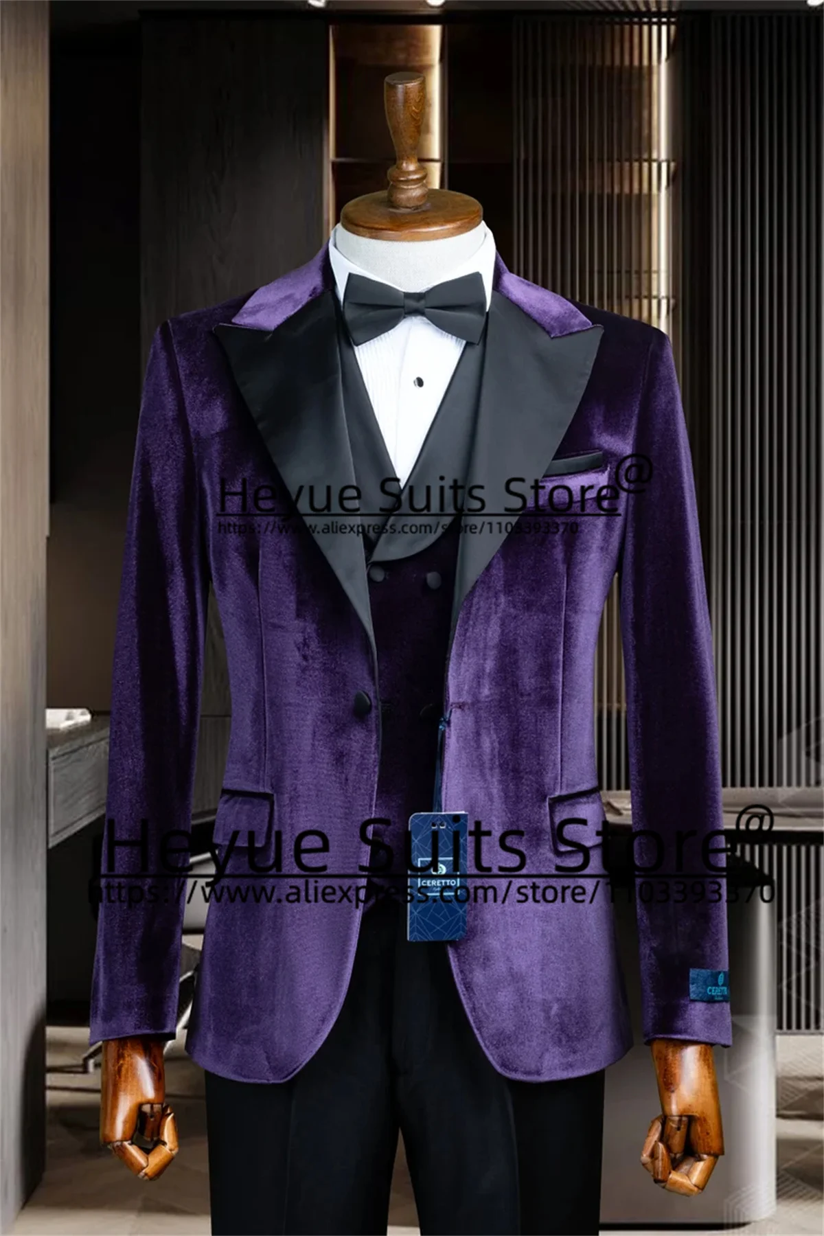 Purple velvet Luxuly Wedding Men Suits Slim Fit Peak Lapel Groom Formal Tuxedos 3 Pieces Sets Elegant Male Blazer Costume Homme