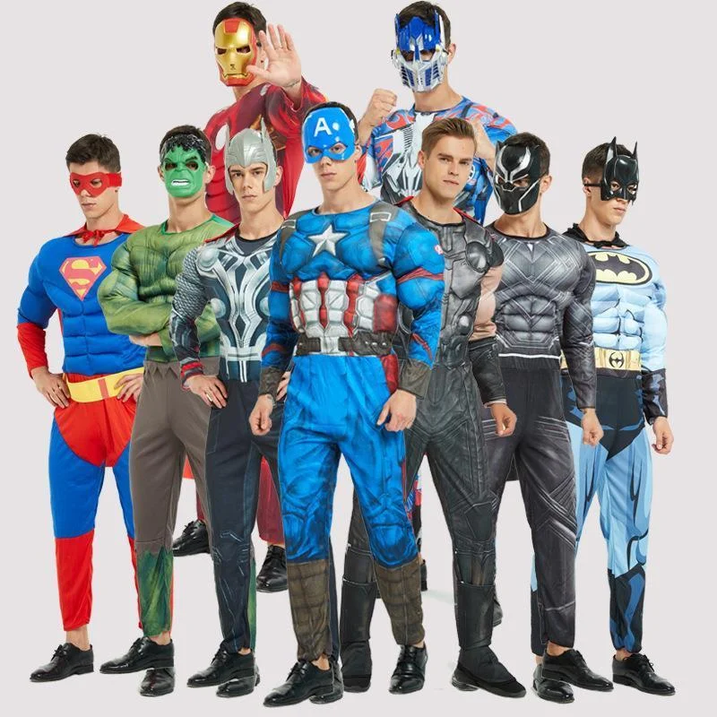 

Avengers Costume Superhero Halloween Adult Muscle Iron Hulk Batman Spiderman Cosplay Costume Party Clothes Jumpsuits Set