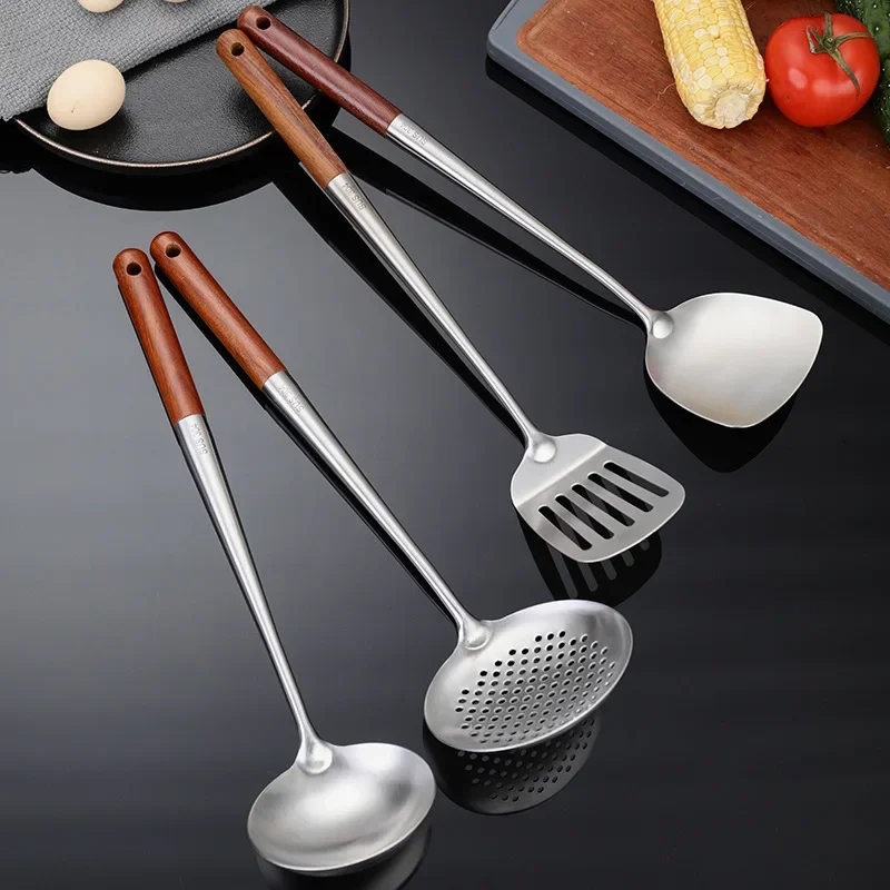 Extended 304 Stainless Steel Spatula Wooden Handle Home Kitchen Frying Cooking Utensils Spoon Leaking Spatula Cooking Tools Set