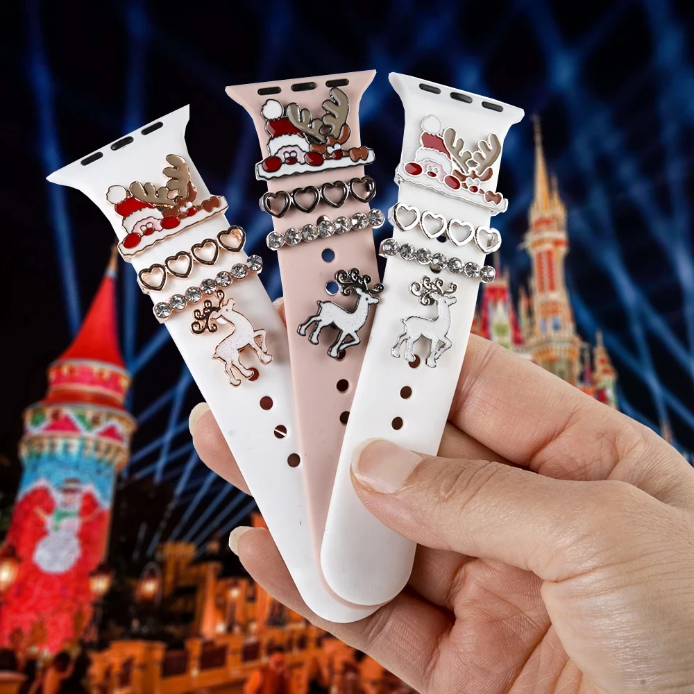 Christmas Strap Decoration For apple watch Accessories Silicone Strap Ring Studs Set Ornament IWatch Jewellery Decoration Gift