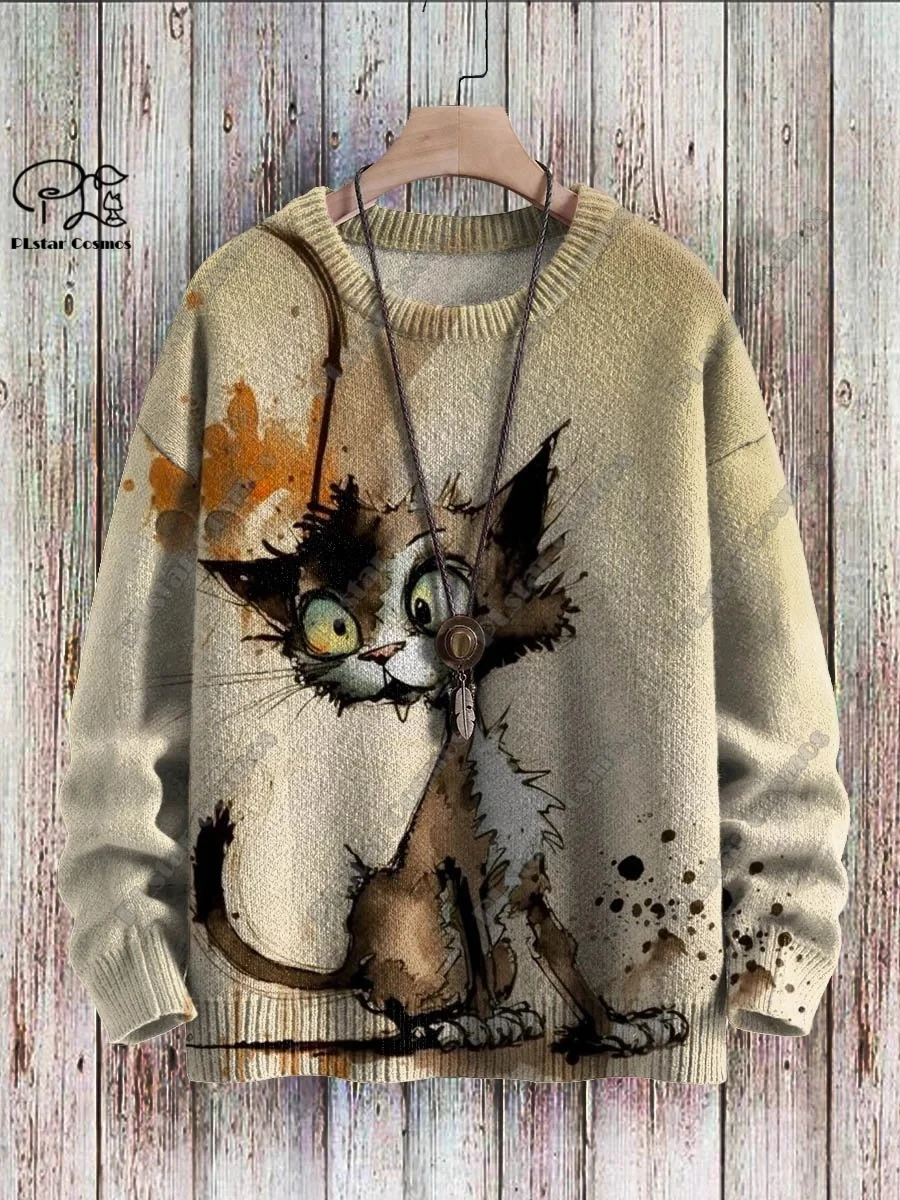 3D printed animal series retro cute funny cat pattern ugly sweater casual unisex winter sweatshirt M-9