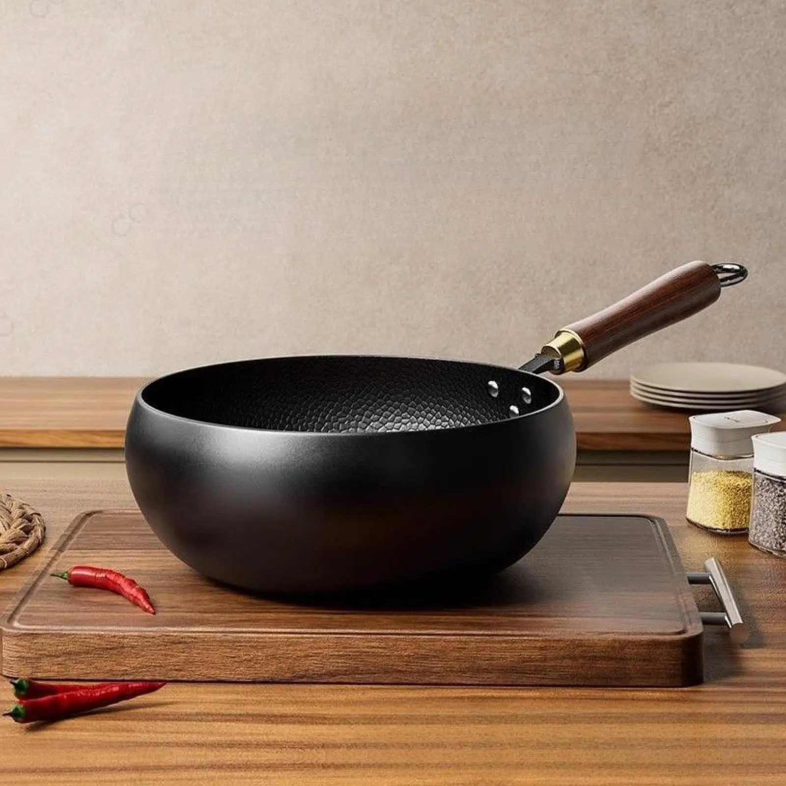 Nonstick Wok, Chinese Wok, Flat Bottom Cookware Stir Fry Pan with Wooden Lid for Kitchen Home Restaurant Nonstick Wok, Chinese Wok, Flat Bottom Cookware Stir Fry Pan with Wooden Lid for Kitchen Home Restaurant