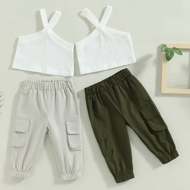 

Kids Baby Clothes Girls Summer Outfit Solid Color Ribbed Sleeveless Tops and Stretch Casual Cargo Pants Children's Clothing Set
