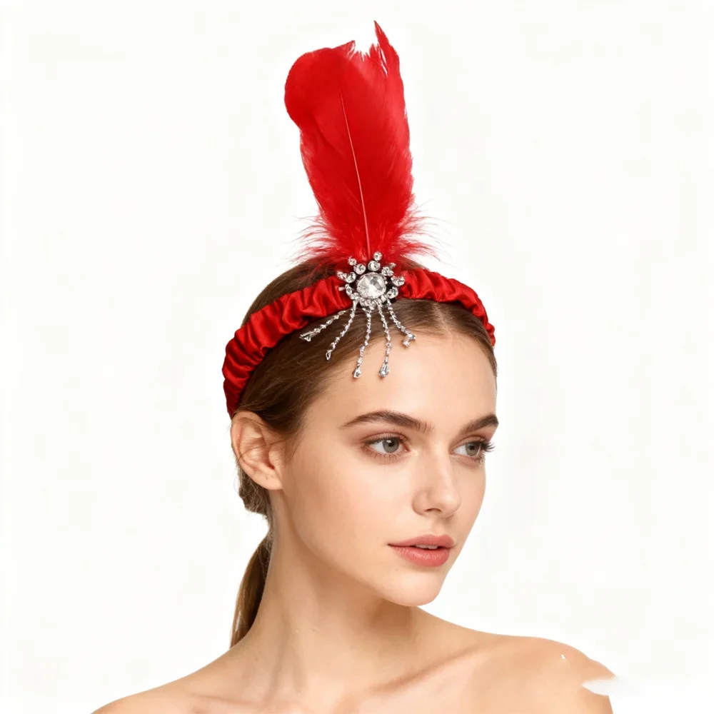 Red Feather Pearl Headband - Retro Party Fashion Accessory