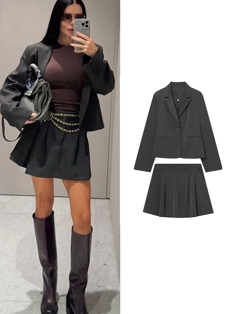 Women Fashion A-line Skirt 2 Piece Sets Solid Single Button Pockets Slim Simple Blazer Coat Zipper Mini Skirts Female Outfits