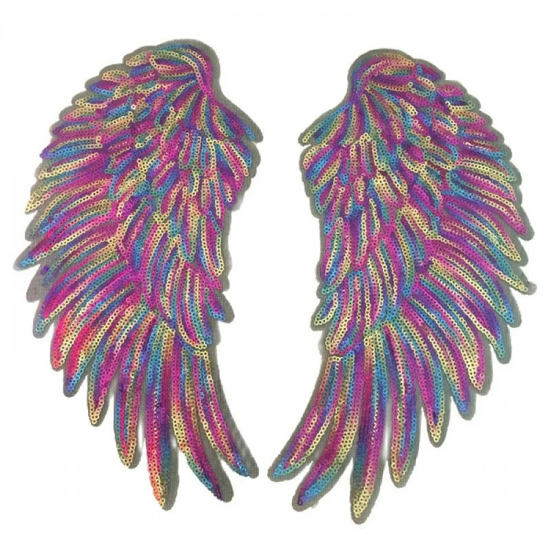 

New Colorful Angel Wings Sequined Iron on Patches for Clothes Large Feather Sequins Patch Stickers Swing DIY SEWING ACCESSORY