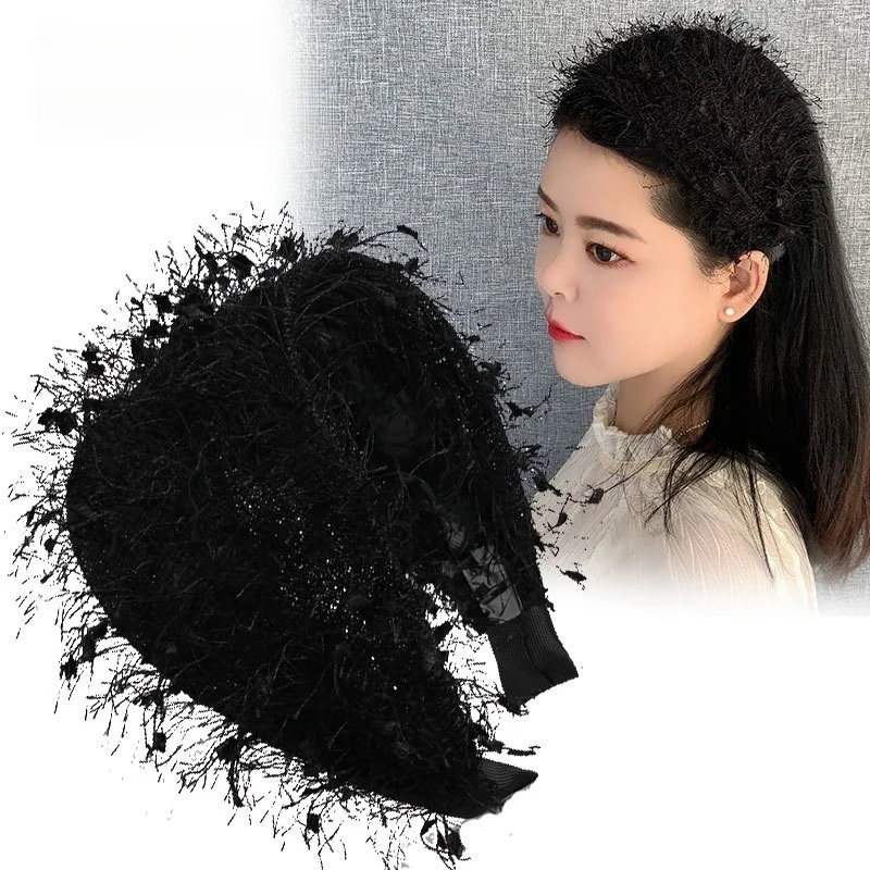 Französisch Stil Retro Stirnband Diadema Haarband schwarz Haarband breite Krempe pelzigen Stil Abdeckung grau Haar Accessoires für Frauen