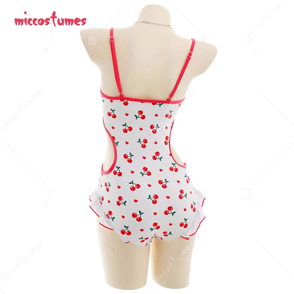 Women Girls Miccostumes Swimsuits for Women Cherry Printed Bathing Suit Ruffles Kawaii One-piece Swimwear