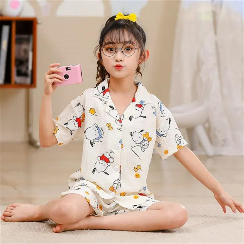 

Summer Children's Pajamas Set Cute Anime Cinnamoroll Kuromi My Melody Kids Cardigan Short Sleeve Sleepwear Girls Boys Homewear