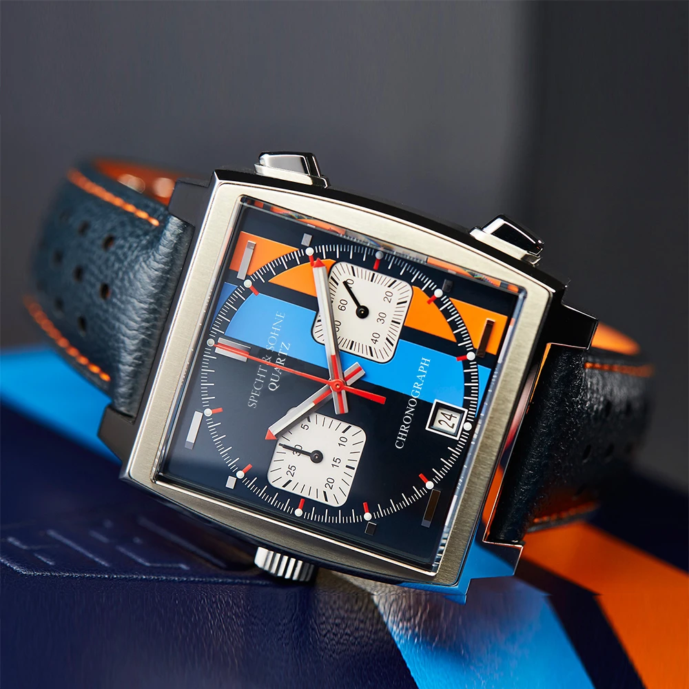 Seiko VK64 Japan Movement Quartz Men's Watches Blue Leather Square Watch for Man Chronograph