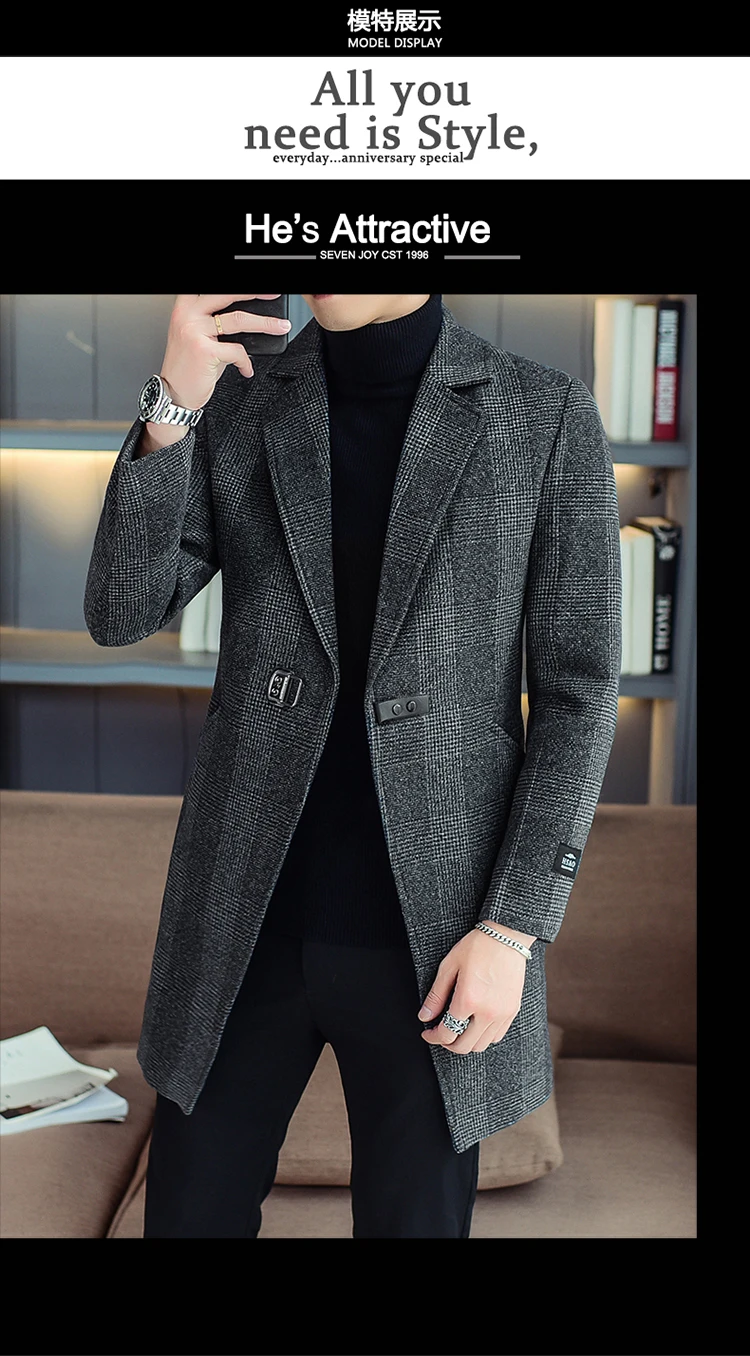 Business Casual Herren Mittellanger karierter Mantel Frühling Herbst Wollmäntel Outwear Karierte Windjacke Slim Fit Trenchjacken – Detail 6