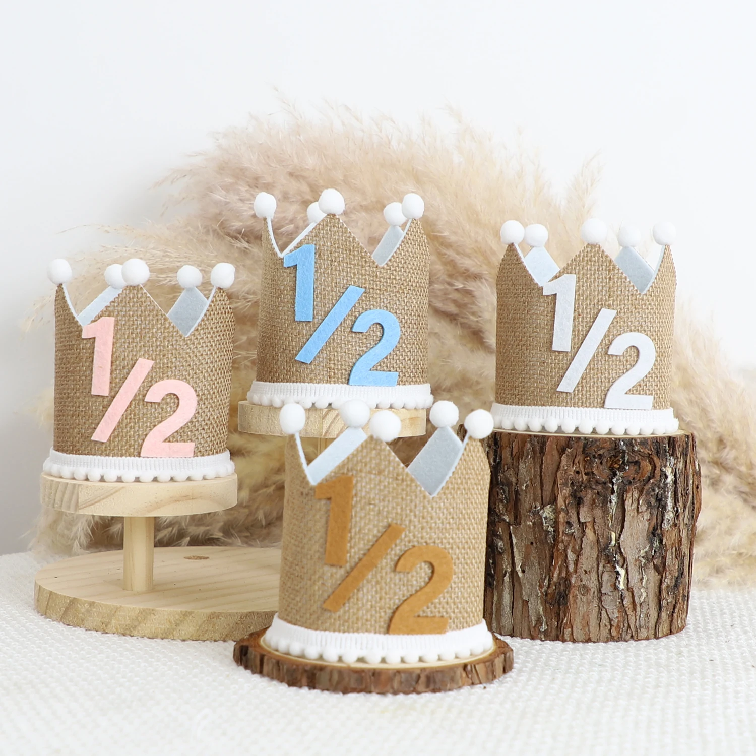 1/2 Birthday Crown Hat 6 Months Handmade Linen Hat Party Decoration Celebration Photography Prop For Girls and Boys