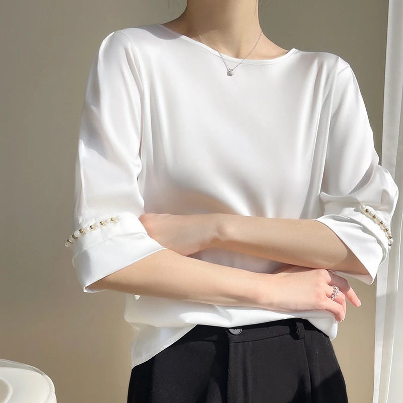 

Summer Round Neck Five-Point Sleeve Acetic Acid Satin Women's Casual Loose Slim Bottoming Shirt Thin Top