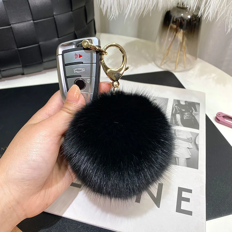 1PC Fluffy Pompom Ball Keychain Fox Fur Car Keyring Bag Pendant 9cm Key Holder Charm Metal Ring Gift