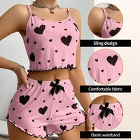 Summer New Women's Pajama Set Breathable Soft Casual Love Printed Design Sweet Home Strap Shorts Pajamas - Image 4