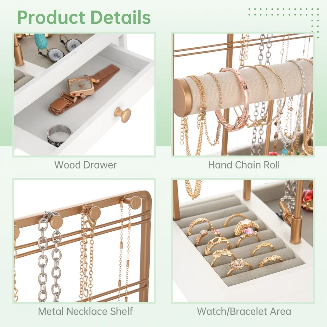 Jewelry Organizer Stand 4-Tier Jewelry Display Holder For Necklaces Bracelets Rings Earring Watches Jewelry Holder Wooden Drawer