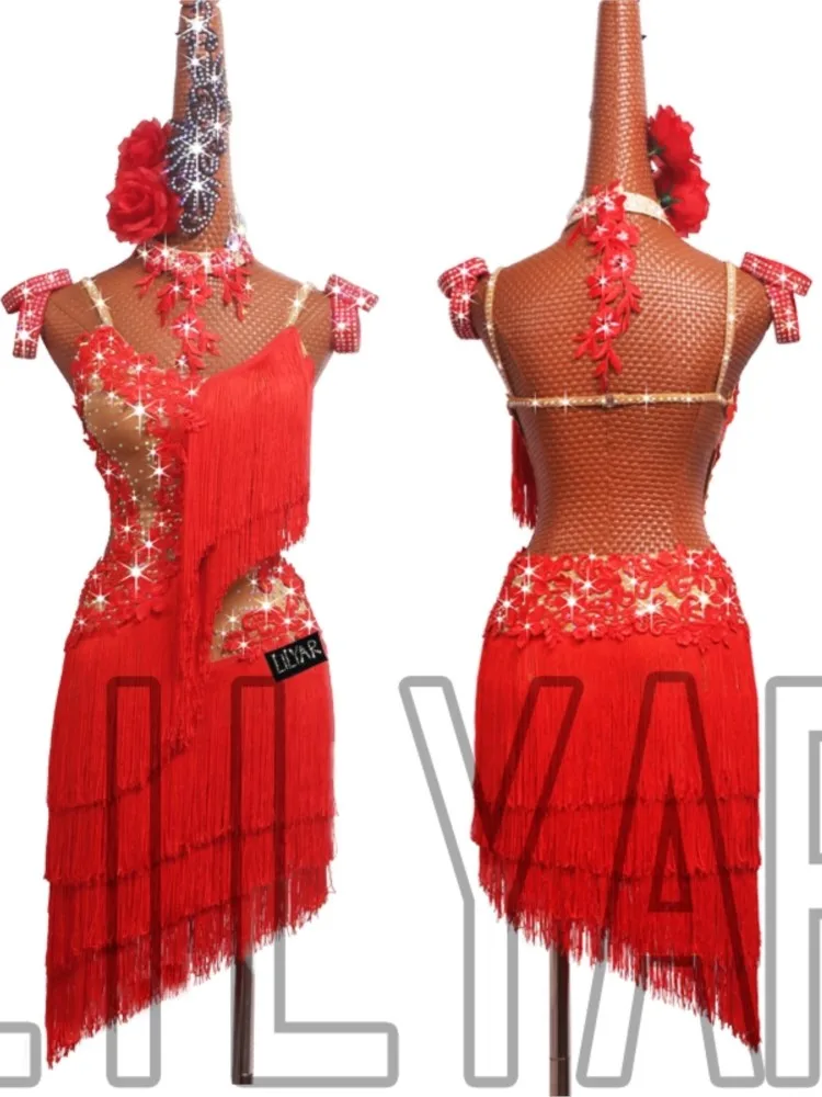 

New Latin Performance Competition Dress Adult Daughter Children's Red Embroidered Tassel Rumba Sparkling Diamond Dance Skirt