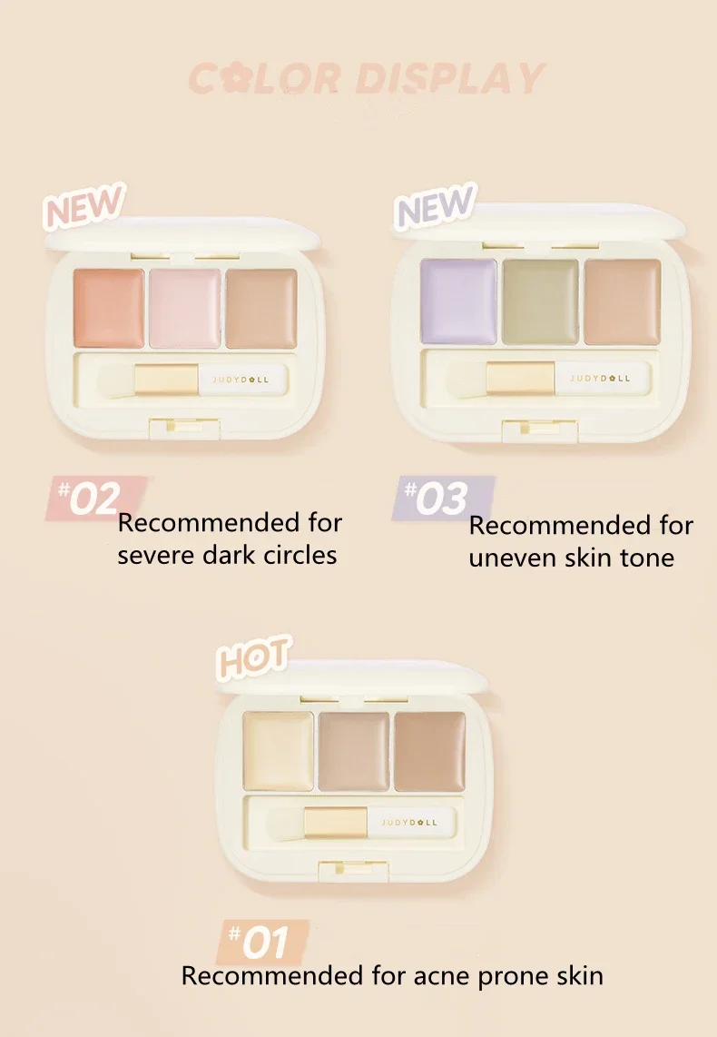 Moisturizing Three-Color Concealer Palette High Coverage Waterproof Sweatproof Long-Lasting Natural