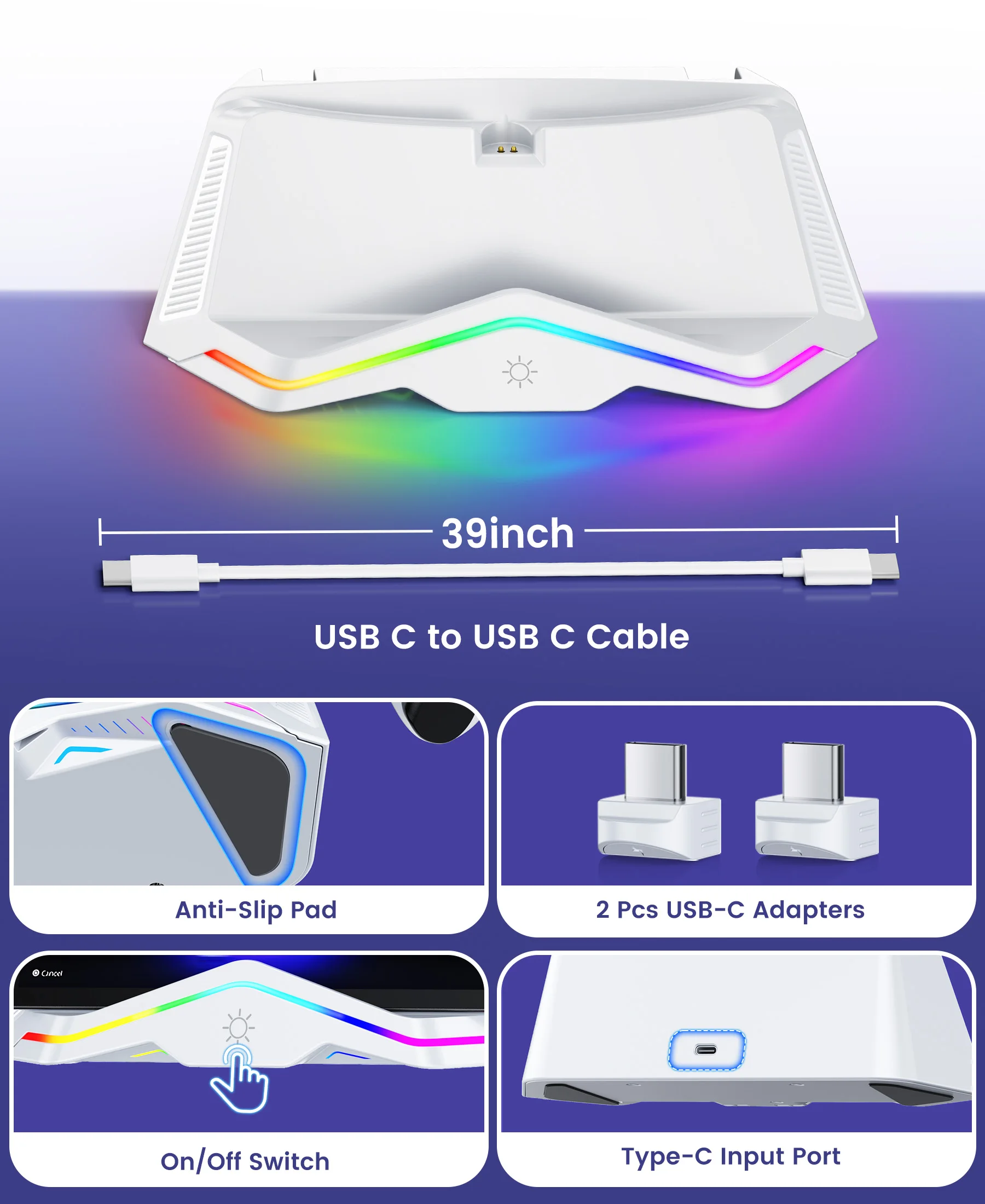 BEBONCOOL PR100 포털 고속 충전 도크 |   8가지 조명 모드 및 저장 기능 - PS5 스트리밍 핸드헬드 및 3A 게임용 자기 접촉