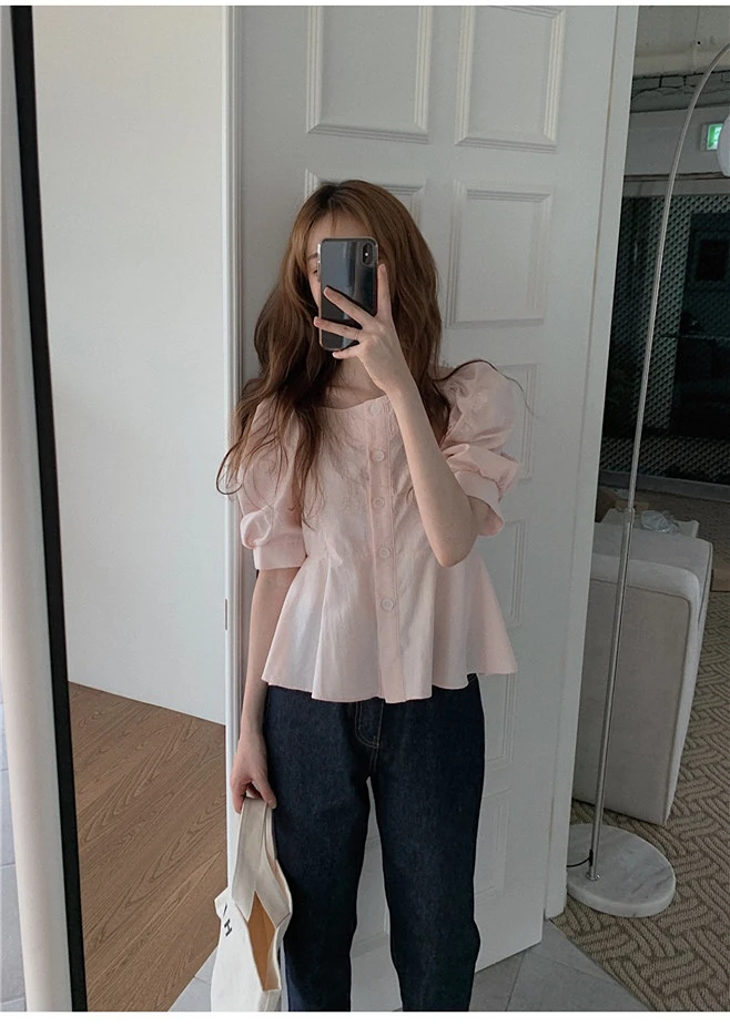 Woherb 2025 Women Summer Puff Sleeve Shirts Elegant Square