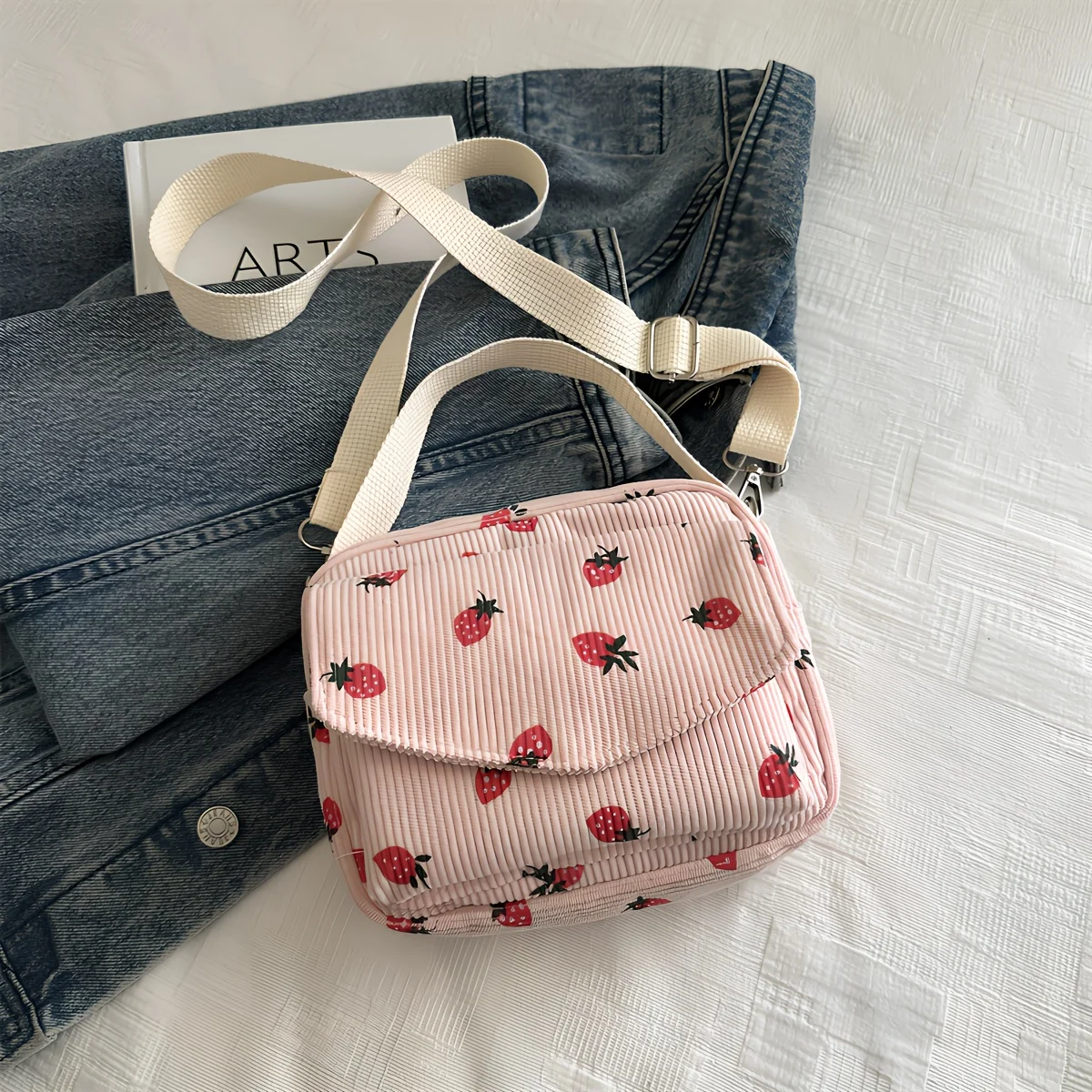 Cute Strawberry Print Corduroy Crossbody Bag, Versatile Small Shoulder Purse, Perfect for Daily Use Work Casual Travel Outings
