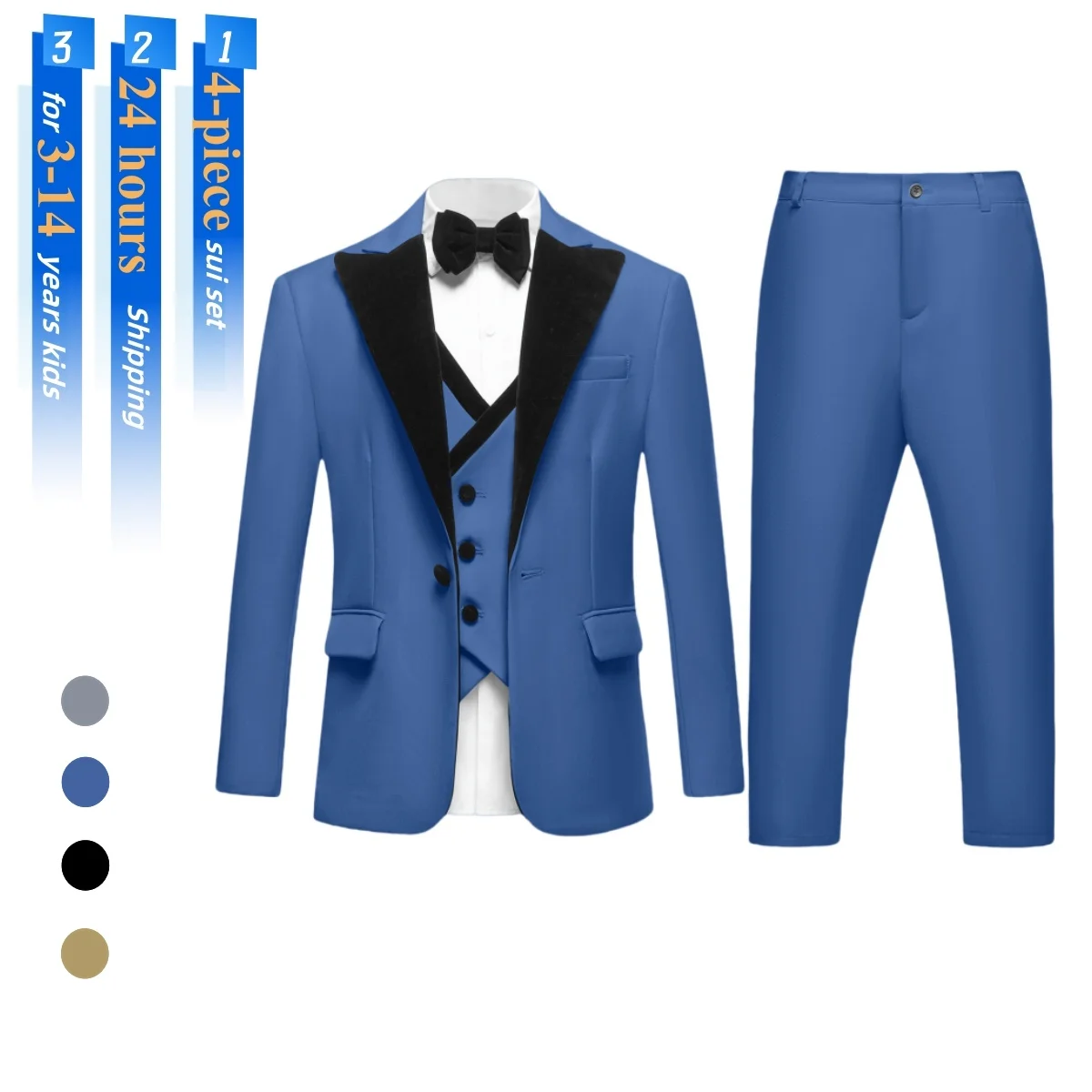 Slim Fit Formal Tuxedo Suit Chidren Graduation Suit Set for Boys, Velvet Peak Lapel Jacket Vest Pants Bow-tie 4-Piece Set