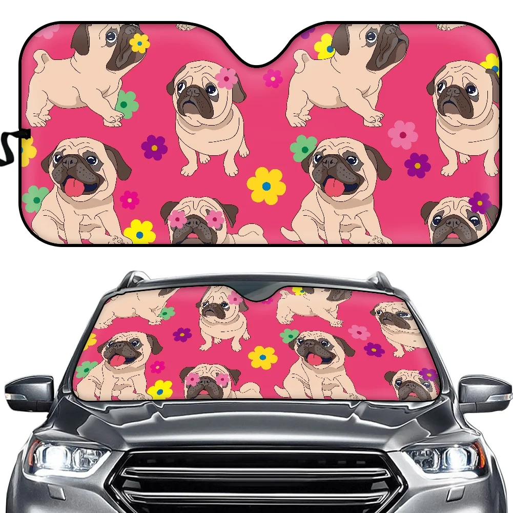 

New Universal Car Window Sun Shade Sunshade Pet Series Pug Cartoon Pattern Design Car Windshield Folding Sun Shade Visor Custom