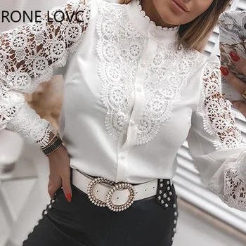 Shirts Elegant Office Ladies White Collared Lace Patchwork Hollow Out Button Up Womens Tops And Blouses 2024 Fashion New Blouse 1