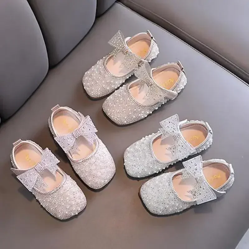 New Girls Princess Shoes Fashion Children's Bow Rhinestone Sequin Kids Shoes Baby Party Student Flat Performance H19