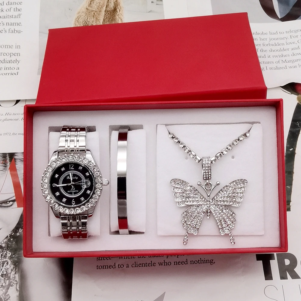 3Pcs Fashion Watch Jewelry Set Diamond Women Luxury Brand Watch Rhinestone Ladies Watches For Women relogio feminino With Box