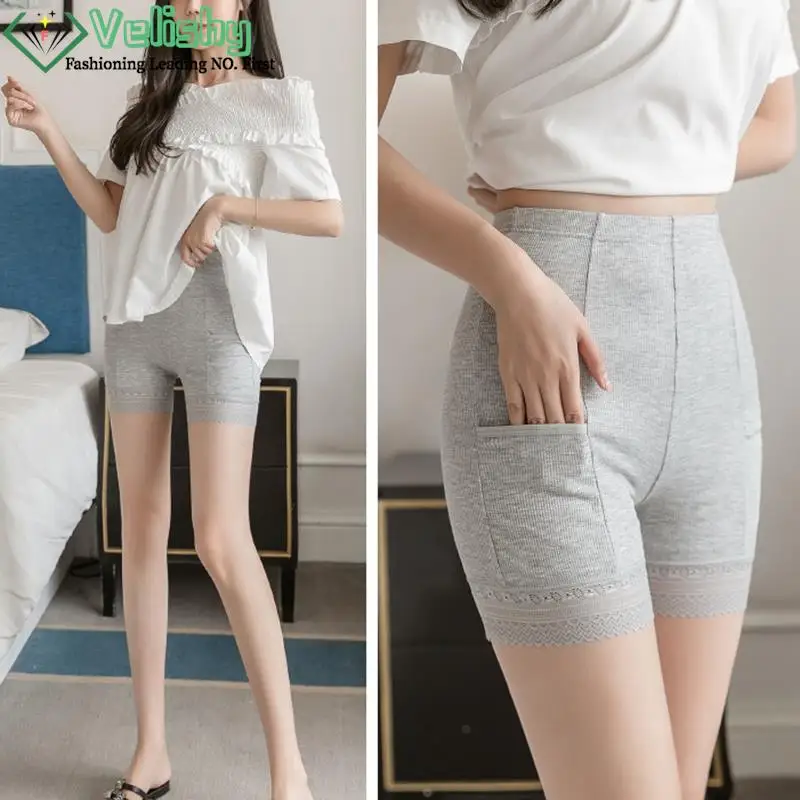 

Summer Seamless High Waist Underwear With Pocket Shorts Women's Safety Pants Ladies Shorts With Lace Safety Pants For Women