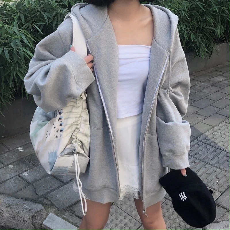 Women Hoodies Harajuku Korean Version Zip Up Loose Oversized Sweatshirts Casual Solid Color Long Sleeve Hooded Sweatshirt Coats 1