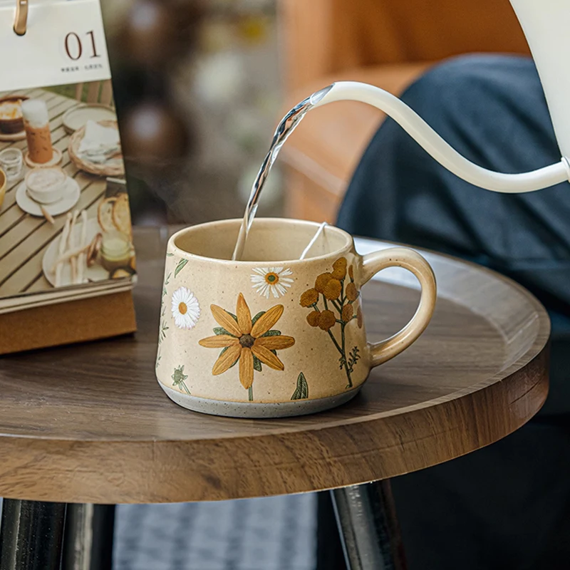 Chinese Style Ceramic Cute Mug, Home Personal Office, Creative With lid Spoon, Floral Pattern, Milk Water Coffee Cup, 360ml, 1Pc