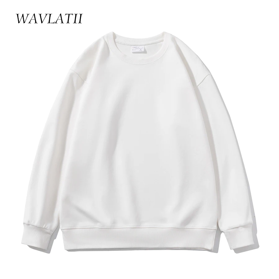 WAVLATII 2023 New Women Simple Style Khaki Sweatshirts Female Fashion Streetwear Soild O-neck Hoodie Casual White Tops WH2219