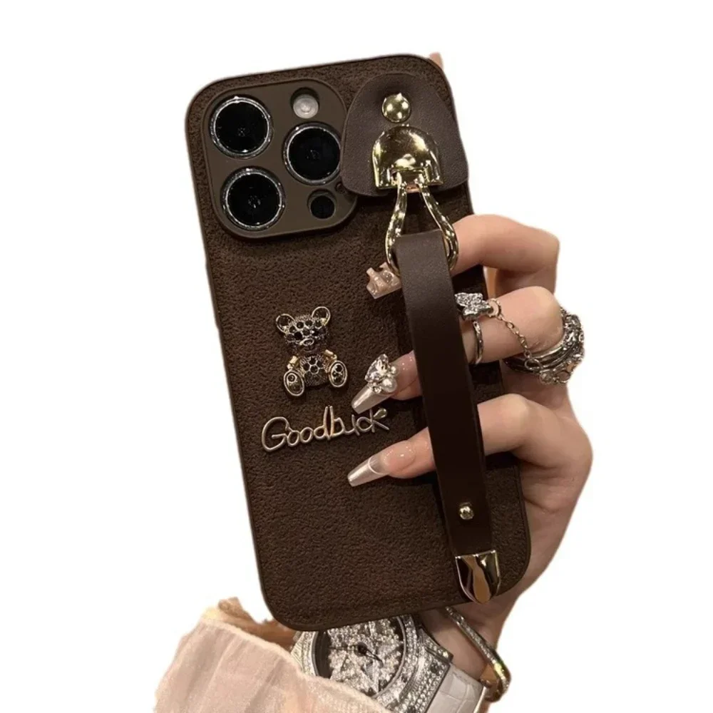 

Protective Case for iPhone 15, 14, 13 Pro Max Plus, Cartoon Bear with Wristband, Back Shell Phone Cover