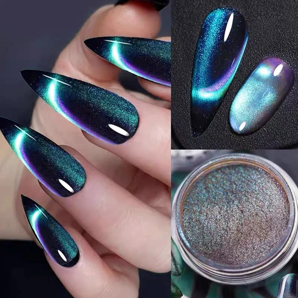 1Jar 3D Chameleon Cat Eye Powder Holographic Chrome Magnet Nail Glitter Dust Pigment 7Color Magic Mirror Nail Powder Supplies nail powder