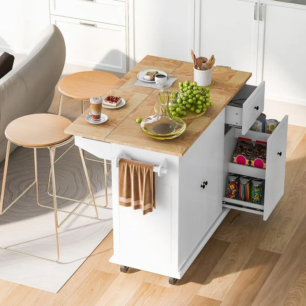 with Drop Leaf, 53.9" Width Rolling Wheels with Internal Tier Pull Out Cabinet Organizer, Kitchen Storage Cart Spice