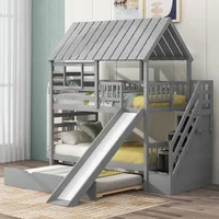 Kids Twin Over Twin Bunk Beds with Slide and Trundle, Solid Wood Bunk Bed Frame with Stairs and Storage,Roof and Window for Kids 1