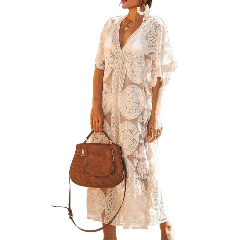 Summer New Kaftan Robes Sexy Solid Color Lace Hollow Bikini Cover-up Fashion V Neck Batwing Sleeve Transparent Sunscreen Dresses 6