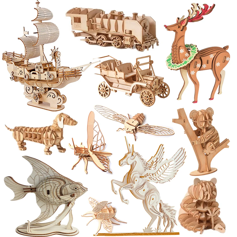 3D Puzzle Toys DIY 3D Wooden Puzzle Model Animal Montessori Toys for Children Adults Teens