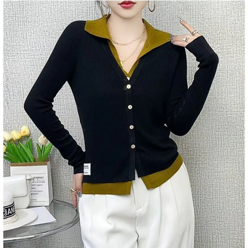 

Spring and Autumn Women's Polo Button Patchwork Slim Fit Two Piece Knitted Cardigan Contrast Color Fashion R Long Sleeve Tops