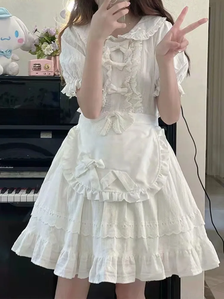 

QWEEK Sweet Kawaii Lolita White Dress Soft Girls Japanese School Cute Ruffles Cute Maid Party Short Dresses 2023 Elegant